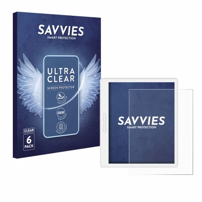 Front side of a product packaging with the brand logo Savvies. Next to it is the device Bigme B751C-S shown with the correspon