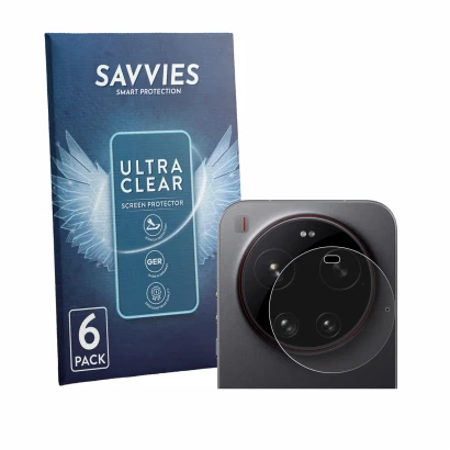 Front side of a product packaging with the brand logo Savvies. Next to it is the device Xiaomi 17 Ultra (ONLY Camera) shown wi