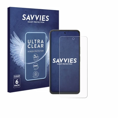 Front side of a product packaging with the brand logo Savvies. Next to it is the device Cubot Note 60 shown with the correspon