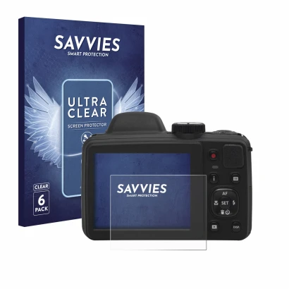 Front side of a product packaging with the brand logo Savvies. Next to it is the device Kodak Pixpro AZ405 shown with the corr