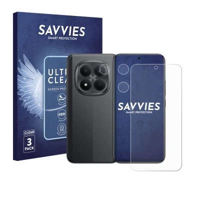 Front side of a product packaging with the brand logo Savvies. Next to it is the device Xiaomi Poco M8 Pro (Front+Camera) show