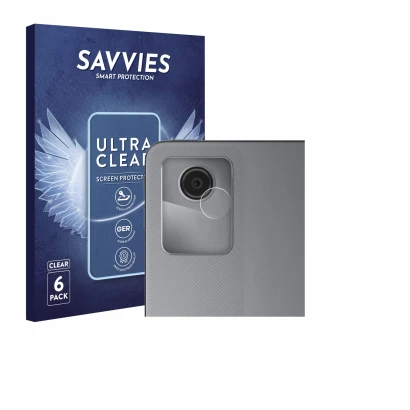 Front side of a product packaging with the brand logo Savvies. Next to it is the device Lenovo Tab M11 (ONLY Camera Lens) show
