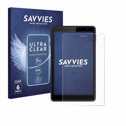 Front side of a product packaging with the brand logo Savvies. Next to it is the device Logicom Tab 80 8" shown with the corre