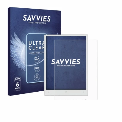 Front side of a product packaging with the brand logo Savvies. Next to it is the device Viwoods AiPaper Mini shown with the co