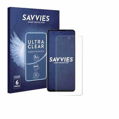 Front side of a product packaging with the brand logo Savvies. Next to it is the device realme P4x 5G shown with the correspon