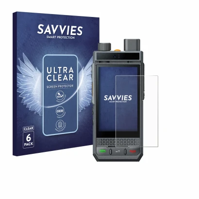 Front side of a product packaging with the brand logo Savvies. Next to it is the device Hytera P60 shown with the correspondin
