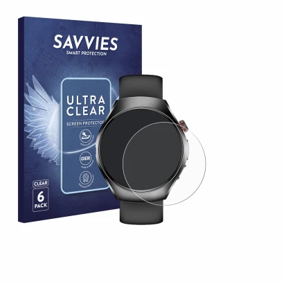 Front side of a product packaging with the brand logo Savvies. Next to it is the device Smartwatch ET460 1.47" shown with the 