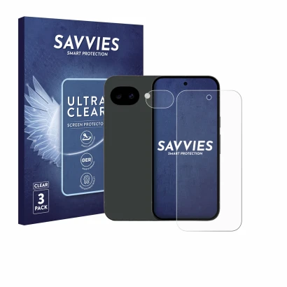 Front side of a product packaging with the brand logo Savvies. Next to it is the device Google Pixel 10a (Front+Camera) shown 