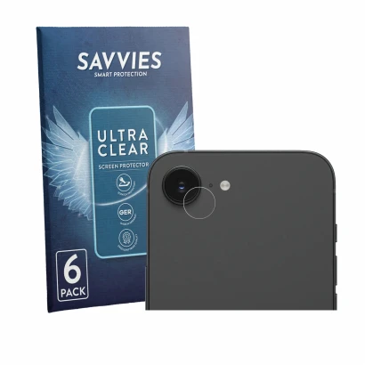 Front side of a product packaging with the brand logo Savvies. Next to it is the device Apple iPhone 17e (ONLY Camera Lens) sh