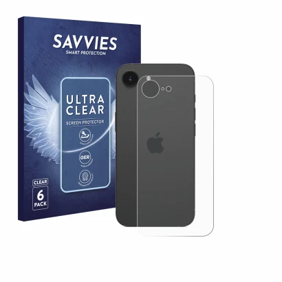 Front side of a product packaging with the brand logo Savvies. Next to it is the device Apple iPhone 17e (Back) shown with the