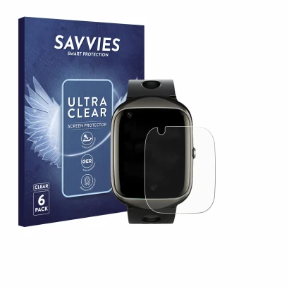 Front side of a product packaging with the brand logo Savvies. Next to it is the device ABUBU SmartWatch PBL2 shown with the c