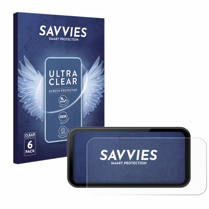 Front side of a product packaging with the brand logo Savvies. Next to it is the device Wonsidary W622 6.25" shown with the co
