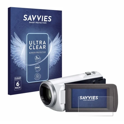 Front side of a product packaging with the brand logo Savvies. Next to it is the device Panasonic HC-V480MS shown with the cor