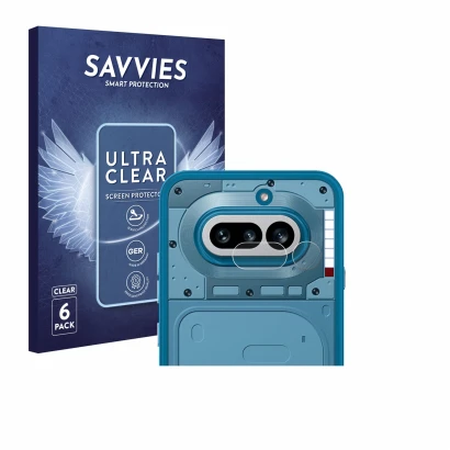Front side of a product packaging with the brand logo Savvies. Next to it is the device Nothing Phone (4a) (ONLY Camera Lens) 