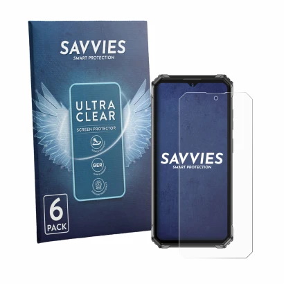 Front side of a product packaging with the brand logo Savvies. Next to it is the device Oukitel G7 shown with the correspondin