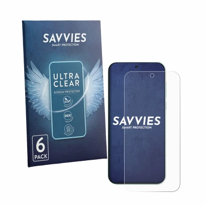 Front side of a product packaging with the brand logo Savvies. Next to it is the device OnePlus Nord 6 shown with the correspo