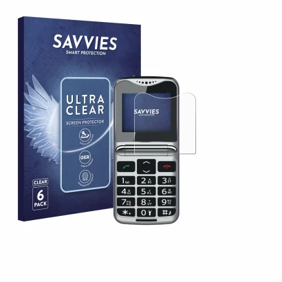 Front side of a product packaging with the brand logo Savvies. Next to it is the device bea-fon Fold 10 LTE shown with the cor
