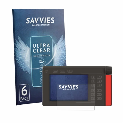Front side of a product packaging with the brand logo Savvies. Next to it is the device Müller Elektronik SMART570 shown with 