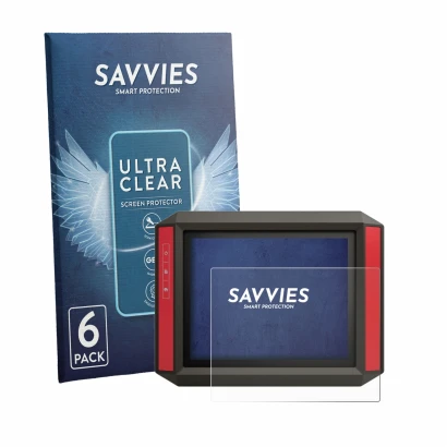 Front side of a product packaging with the brand logo Savvies. Next to it is the device Müller Elektronik TRACK‑Guide III show