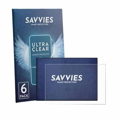 Front side of a product packaging with the brand logo Savvies. Next to it is the device CrossControl CCpilot V700 shown with t
