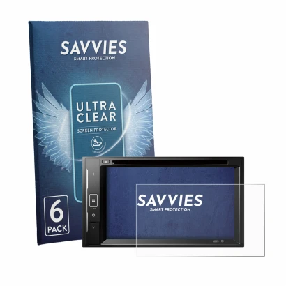 Front side of a product packaging with the brand logo Savvies. Next to it is the device Pioneer DMH-A240DAB shown with the cor