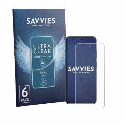 Front side of a product packaging with the brand logo Savvies. Next to it is the device Realme C73 shown with the correspondin