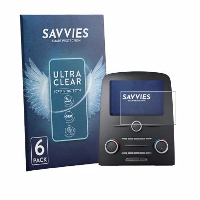 Front side of a product packaging with the brand logo Savvies. Next to it is the device Renault Scenic IV Intens Energy TCe 7"