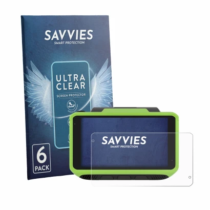 Front side of a product packaging with the brand logo Savvies. Next to it is the device Zebra WT6400 shown with the correspond
