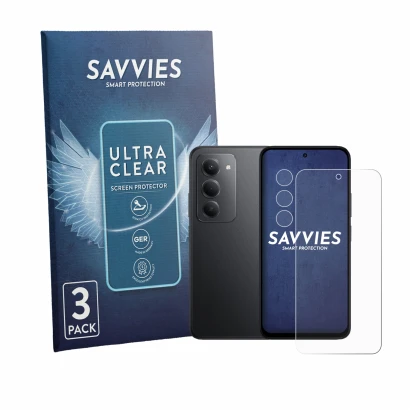 Front side of a product packaging with the brand logo Savvies. Next to it is the device Xiaomi Poco M8s (Front+Camera) shown w