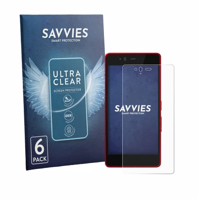 Front side of a product packaging with the brand logo Savvies. Next to it is the device Fujitsu Arrows M04 shown with the corr