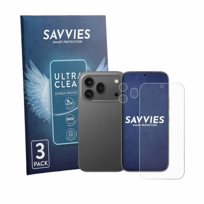 Front side of a product packaging with the brand logo Savvies. Next to it is the device Honor 600 Pro (Front+Camera) shown wit