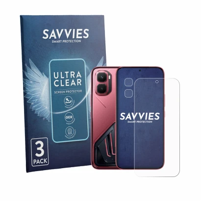 Front side of a product packaging with the brand logo Savvies. Next to it is the device Infinix GT 50 Pro (Front+Camera) shown