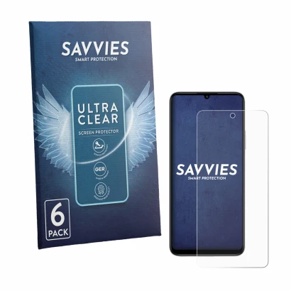Front side of a product packaging with the brand logo Savvies. Next to it is the device General Mobile GM 26 Pro 5G shown with
