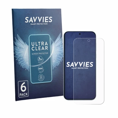Front side of a product packaging with the brand logo Savvies. Next to it is the device OnePlus Nord CE 6 shown with the corre