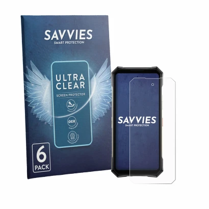 Front side of a product packaging with the brand logo Savvies. Next to it is the device Doogee S300 Pro shown with the corresp