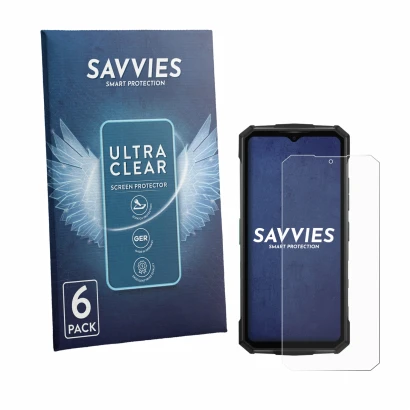 Front side of a product packaging with the brand logo Savvies. Next to it is the device Doogee Fire 7 Pro shown with the corre