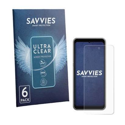 Front side of a product packaging with the brand logo Savvies. Next to it is the device ingenico Axium NX8 shown with the corr