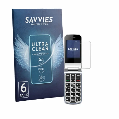 Front side of a product packaging with the brand logo Savvies. Next to it is the device Sweetlink F1PLUS shown with the corres