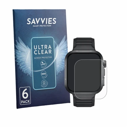 Front side of a product packaging with the brand logo Savvies. Next to it is the device Huawei Watch Fit 5 Pro shown with the 