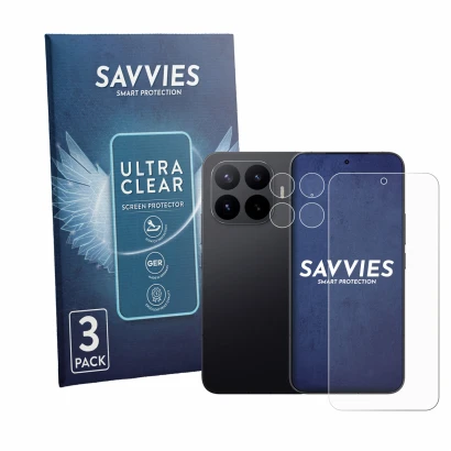 Front side of a product packaging with the brand logo Savvies. Next to it is the device Xiaomi 17T Pro (Front+Camera) shown wi