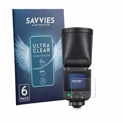 Front side of a product packaging with the brand logo Savvies. Next to it is the device Godox V1 mid shown with the correspond