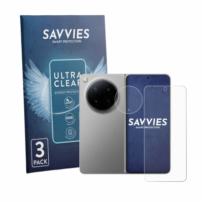 Front side of a product packaging with the brand logo Savvies. Next to it is the device Oppo Find N6 (Front+Camera) shown with