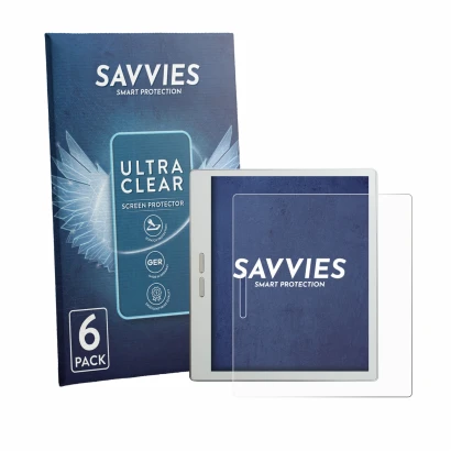 Front side of a product packaging with the brand logo Savvies. Next to it is the device Bigme B7 Pro shown with the correspond