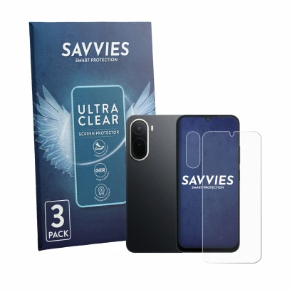 Front side of a product packaging with the brand logo Savvies. Next to it is the device Xiaomi Redmi A7 Pro (Front+Camera) sho