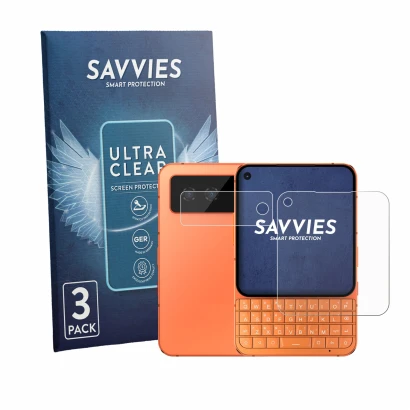 Front side of a product packaging with the brand logo Savvies. Next to it is the device Unihertz Titan 2 Elite Pro (Front+Came