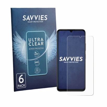 Front side of a product packaging with the brand logo Savvies. Next to it is the device Lava Bold N2 shown with the correspond