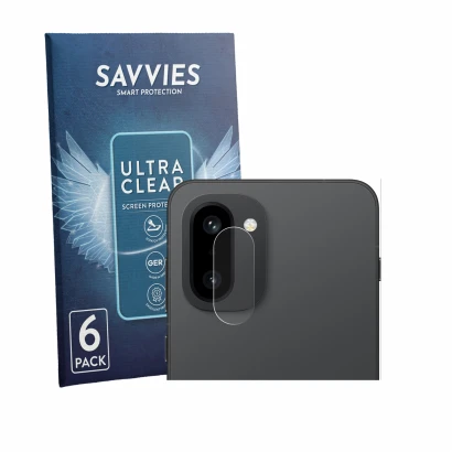 Front side of a product packaging with the brand logo Savvies. Next to it is the device OnePlus 15R (ONLY Camera Lens) shown w
