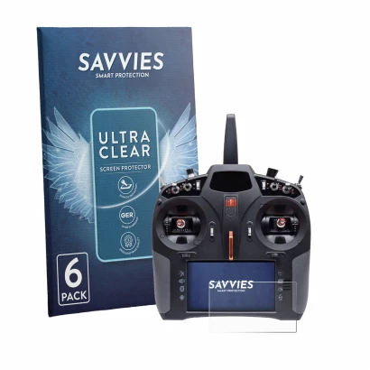 Front side of a product packaging with the brand logo Savvies. Next to it is the device Spektrum iX14 Plus Special Edition sho