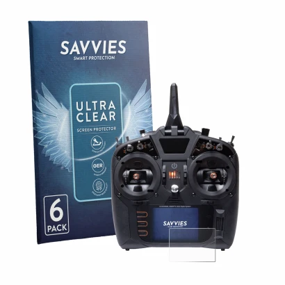 Front side of a product packaging with the brand logo Savvies. Next to it is the device Spektrum NX8 Plus shown with the corre