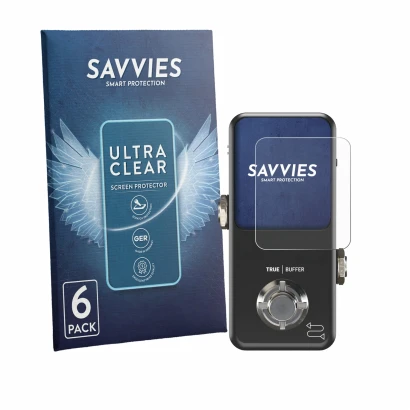 Front side of a product packaging with the brand logo Savvies. Next to it is the device TC Electronic POLYTUNE 3 Noir shown wi